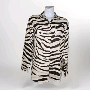Lauren Ralph Lauren Women's PM 100% Linen Beige Brown Zebra Print 1/2 Button Top